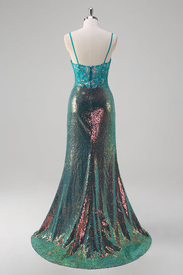 Pavone verde sirena spaghetti spalline corsetto paillettes Abito da Cerimonia